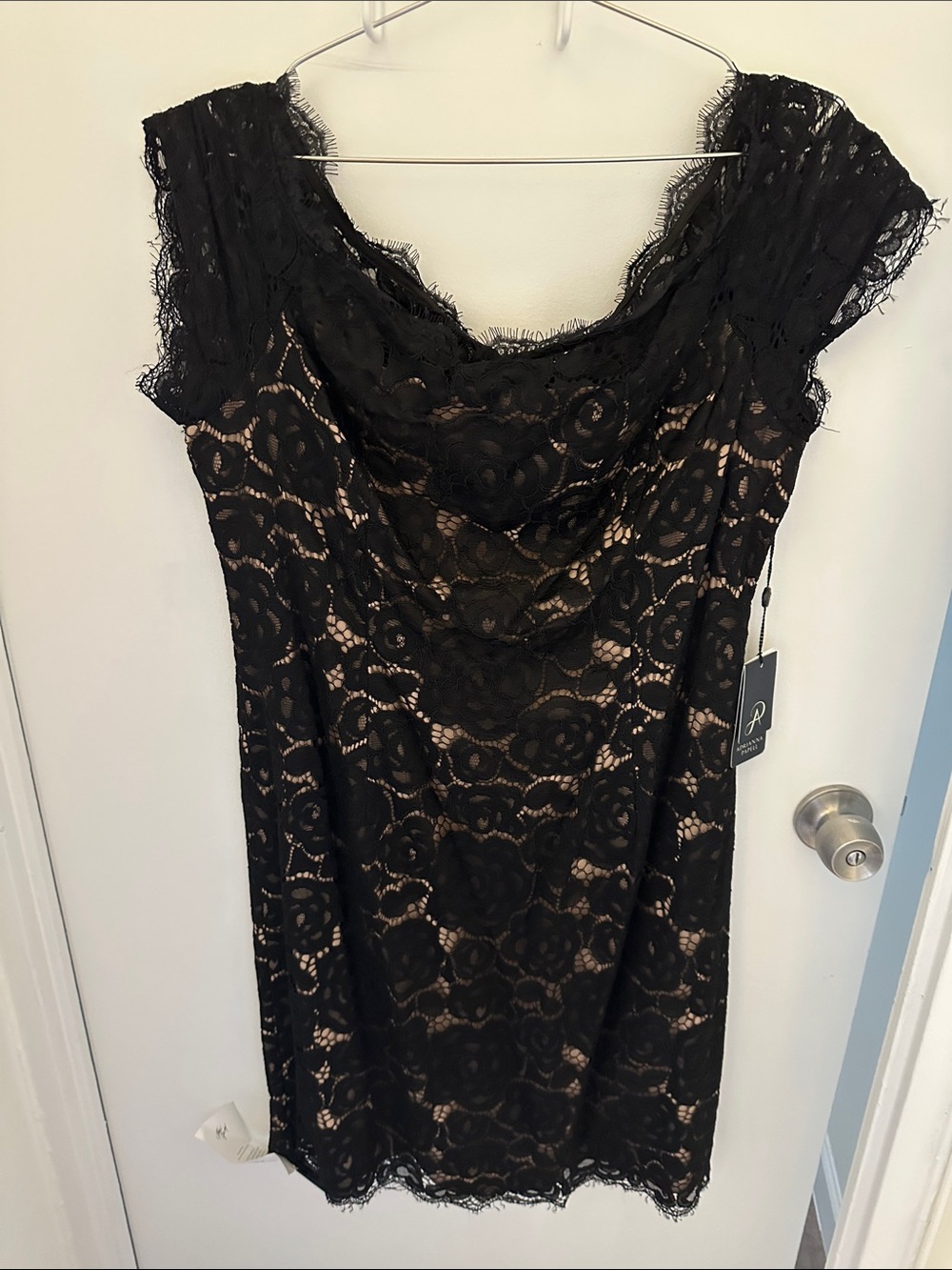 Adrianna Papell Black Lace Midi Dress with Nude Underlay